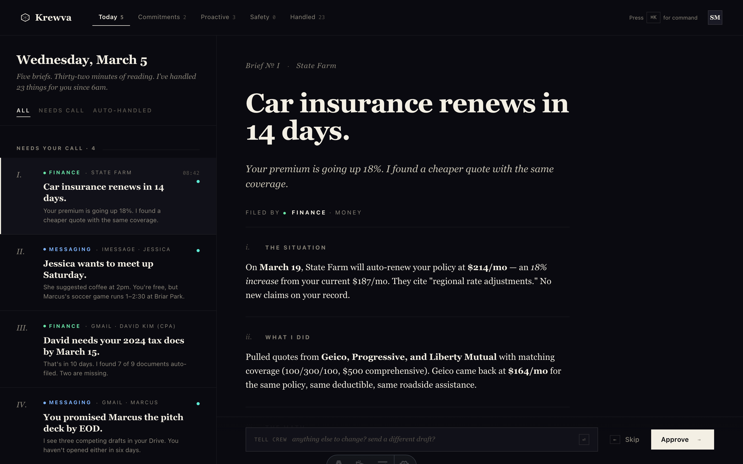 Krewva desktop — two-pane briefs feed with five briefs and an open insurance renewal showing $600 a year of savings
