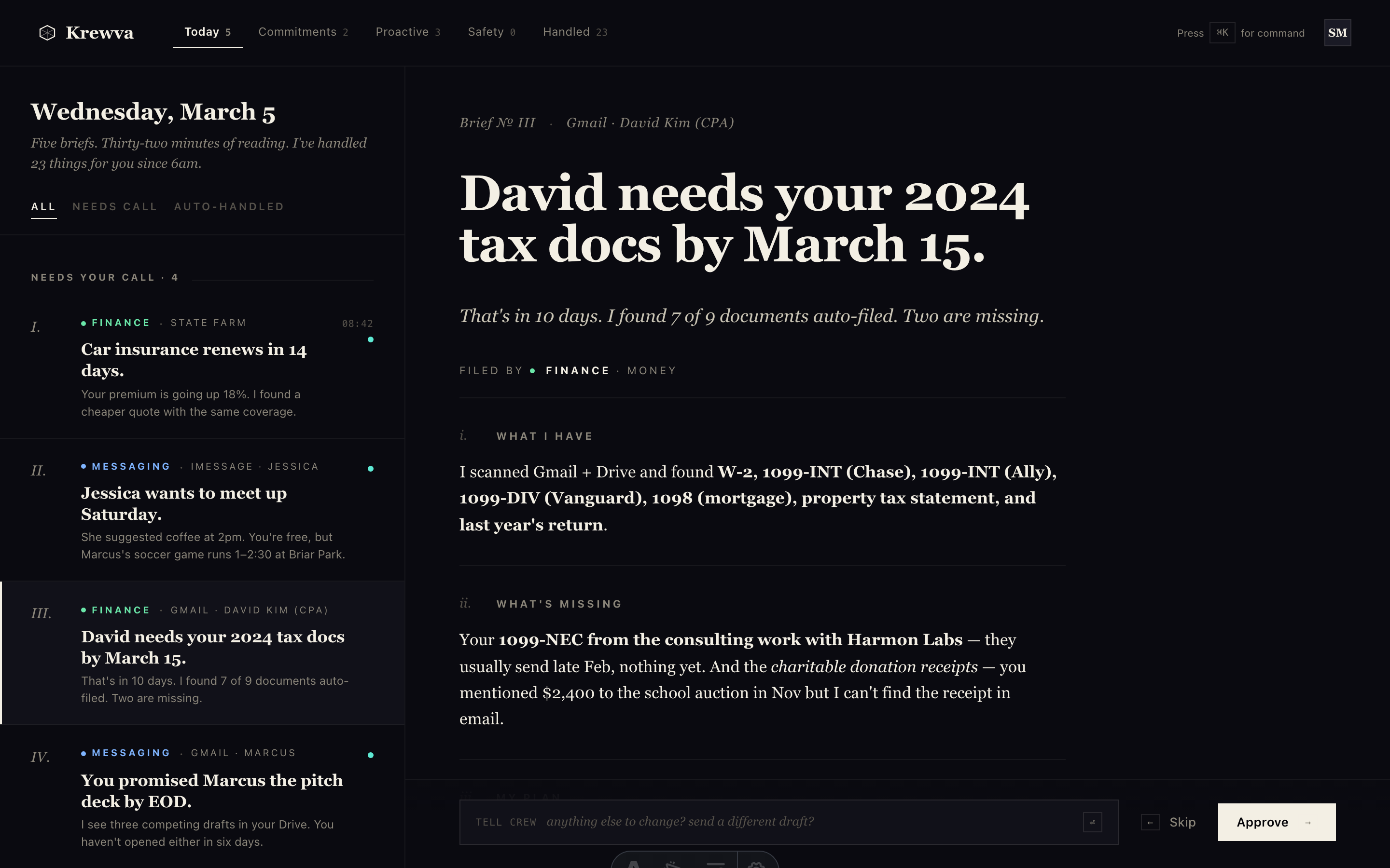 Krewva desktop — CPA tax-doc brief showing 7 of 9 documents auto-collected from Drive and Gmail with a packaged ZIP cited inline