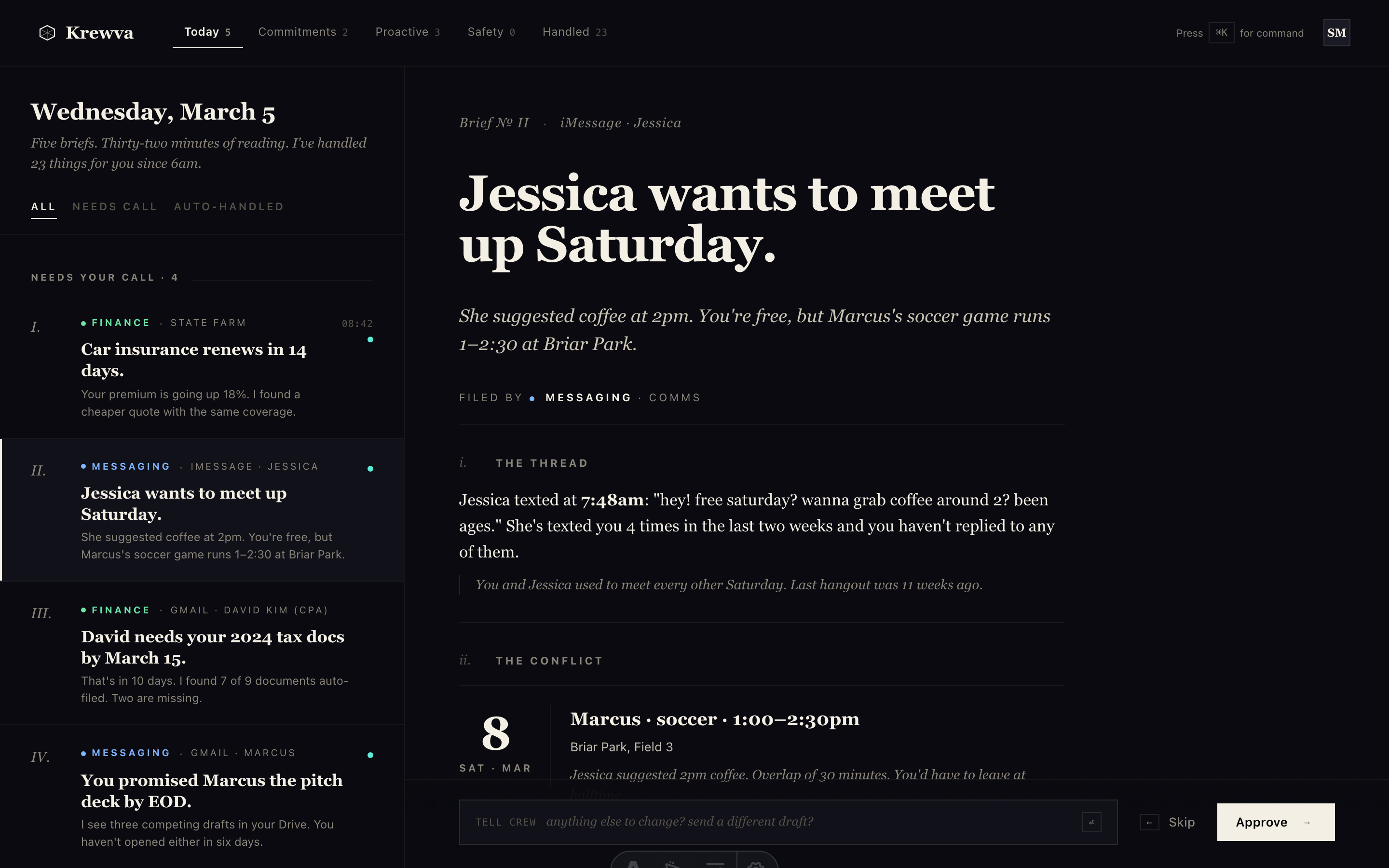 Krewva desktop — Saturday-coffee brief with calendar conflict and approve-ready draft