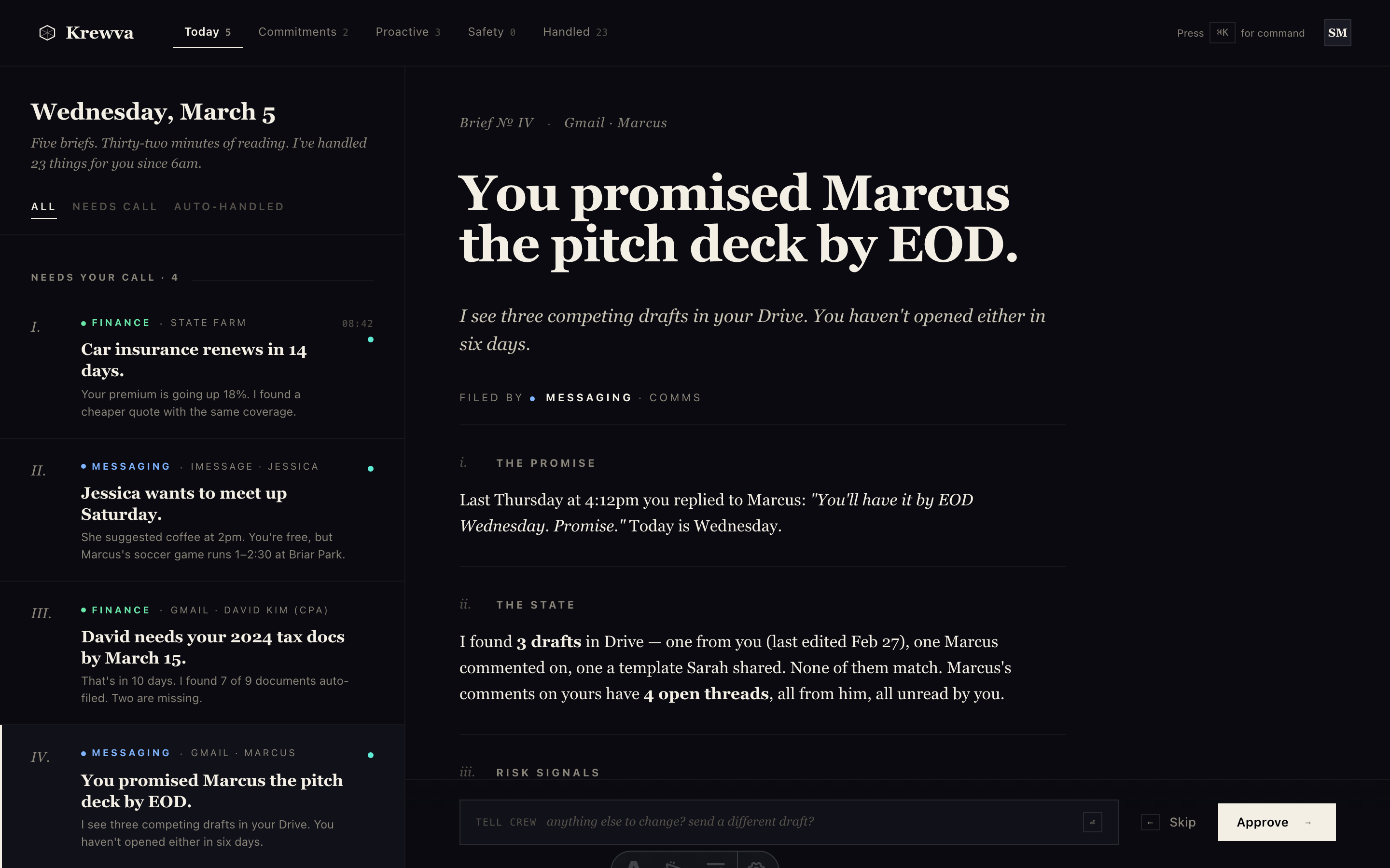 Krewva desktop — risk panel for an overdue pitch deck with relationship-risk meter and voice-matched apology draft